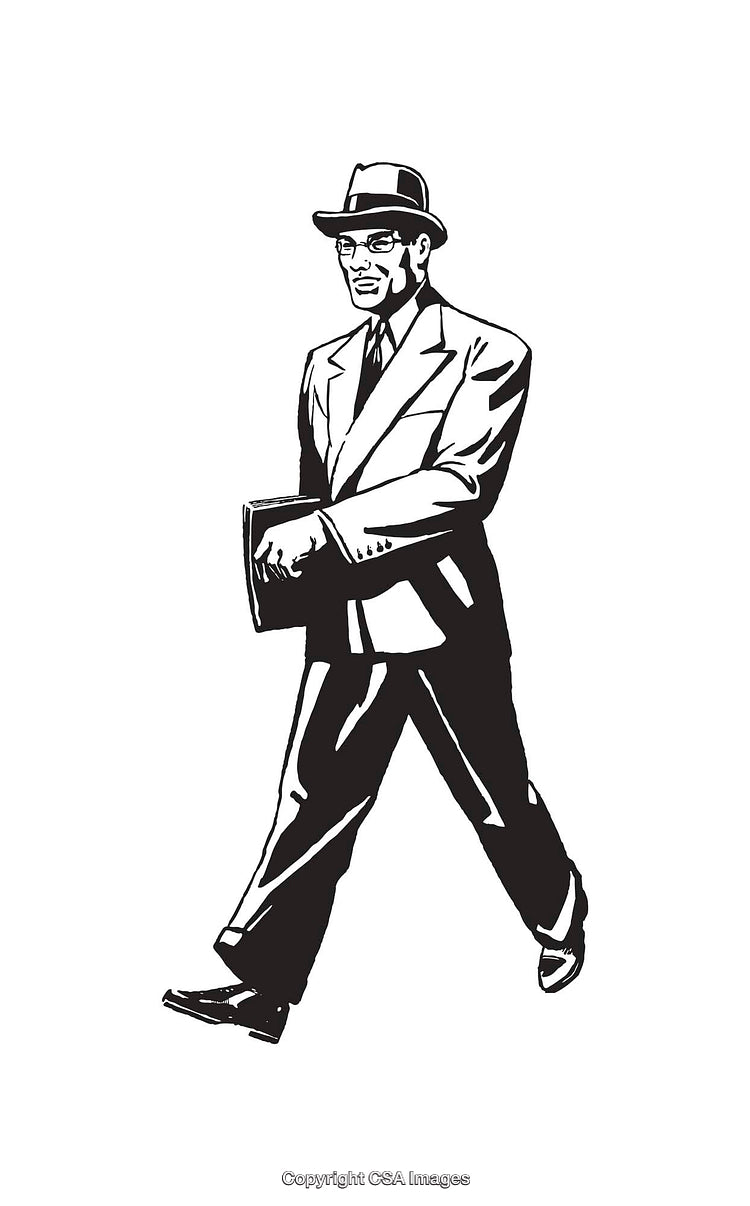 Classic Black-and-White Illustration of a Suit-Clad Man in Motion