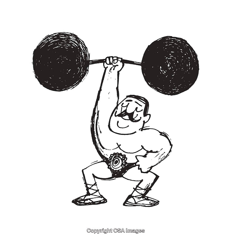 Vintage Strongman Lifting a Barbell in Black and White Line Art