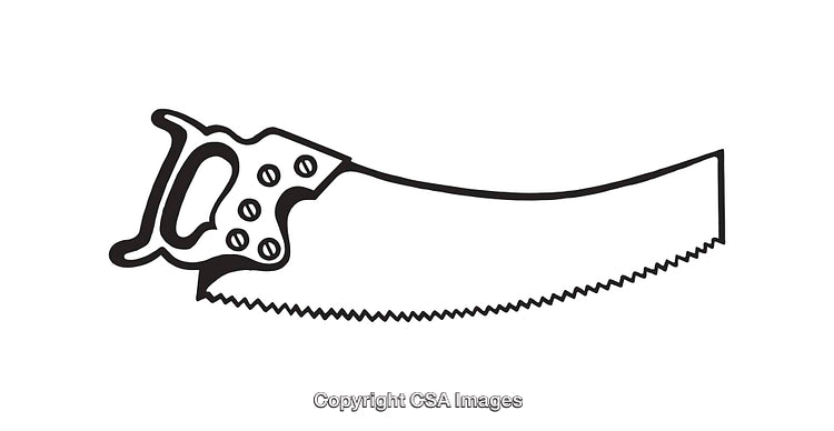 Line Drawing of a Handsaw Tool in Black and White Outline Art