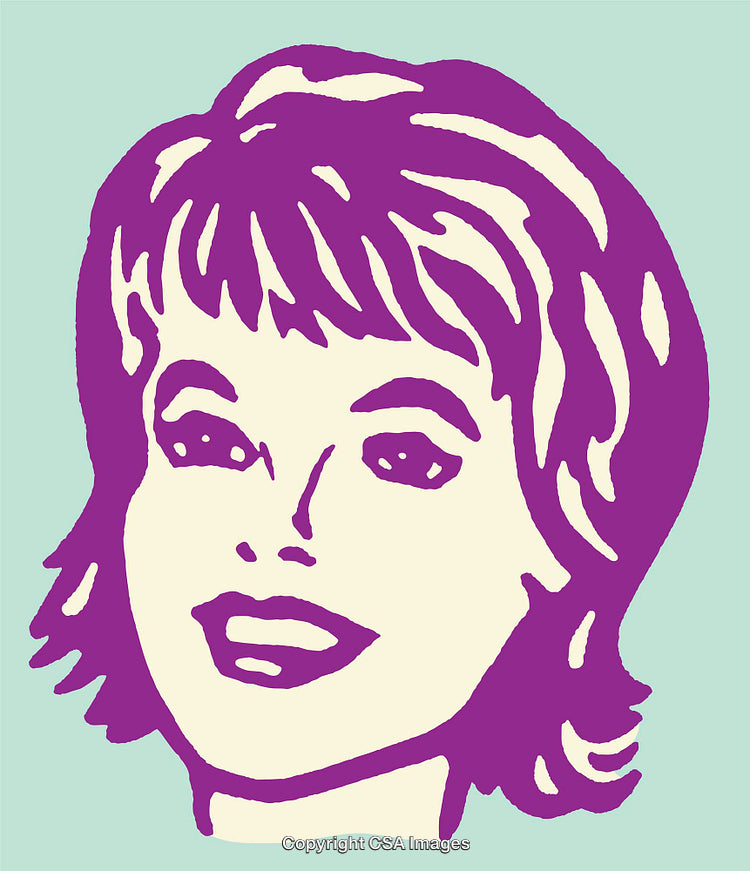 Colorful Retro Style Portrait of a Happy Woman, Line Art Illustration