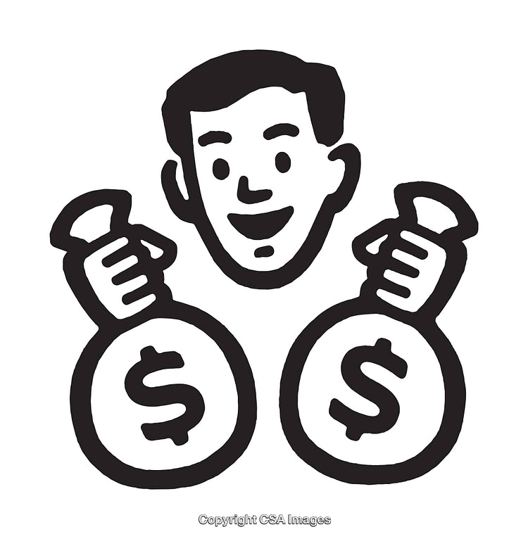 Black and White Illustration of a Happy Man Holding Money Bags