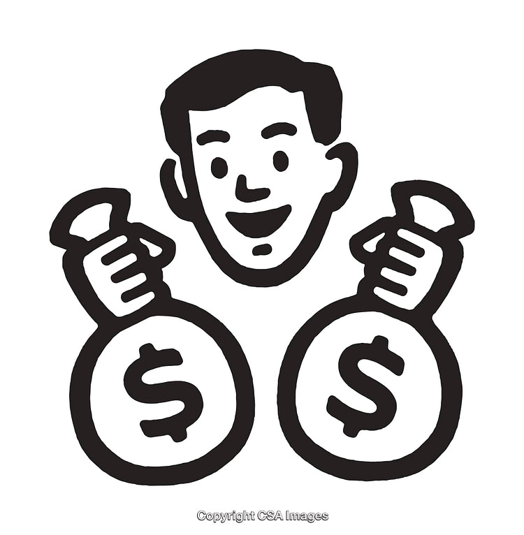 Black and White Illustration of a Happy Man Holding Money Bags
