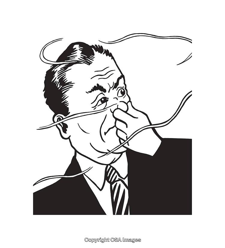 Black and White Illustration of Annoyed Man Holding Nose Against Bad Smell
