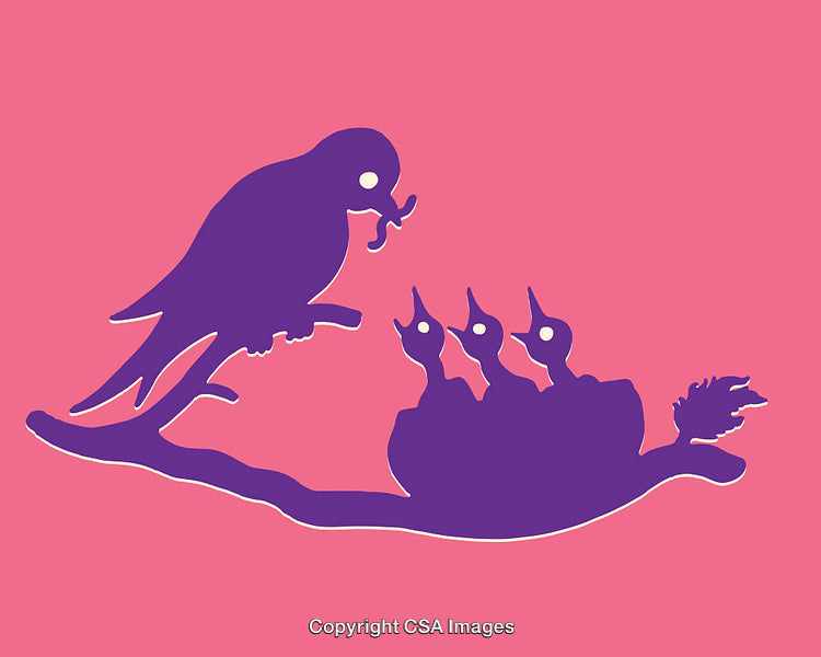 Vibrant Illustration of a Bird Feeding Chicks in a Nest