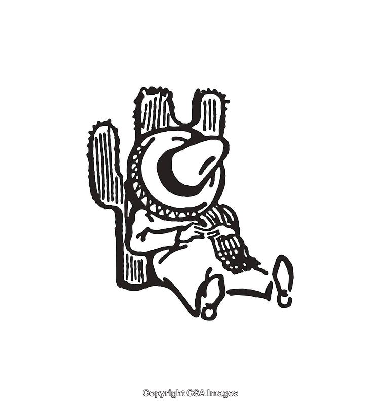 Black and White Line Art of Relaxed Character with Cactus