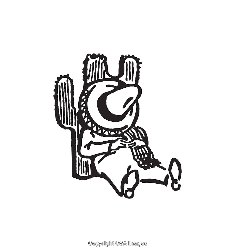 Black and White Line Art of Relaxed Character with Cactus