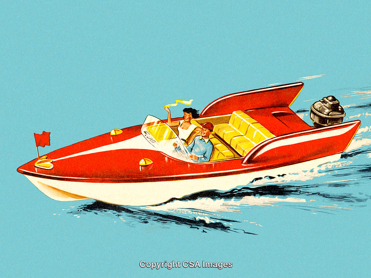 Retro Illustration of a Speed Boat With Two Passengers Enjoying the Ride
