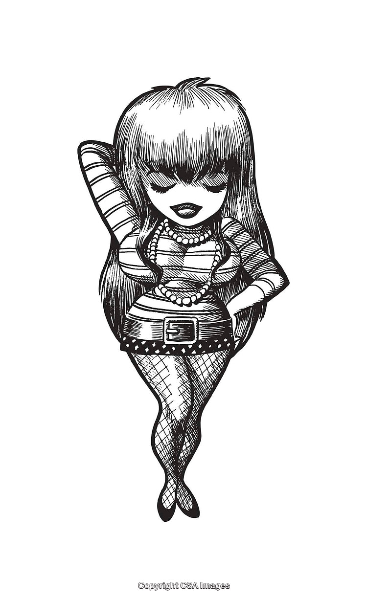 Chic Female Cartoon Art in Black and White Retro Style Illustration