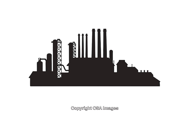 Industrial Factory Silhouette with Chimneys and Structures Isolated on White Background