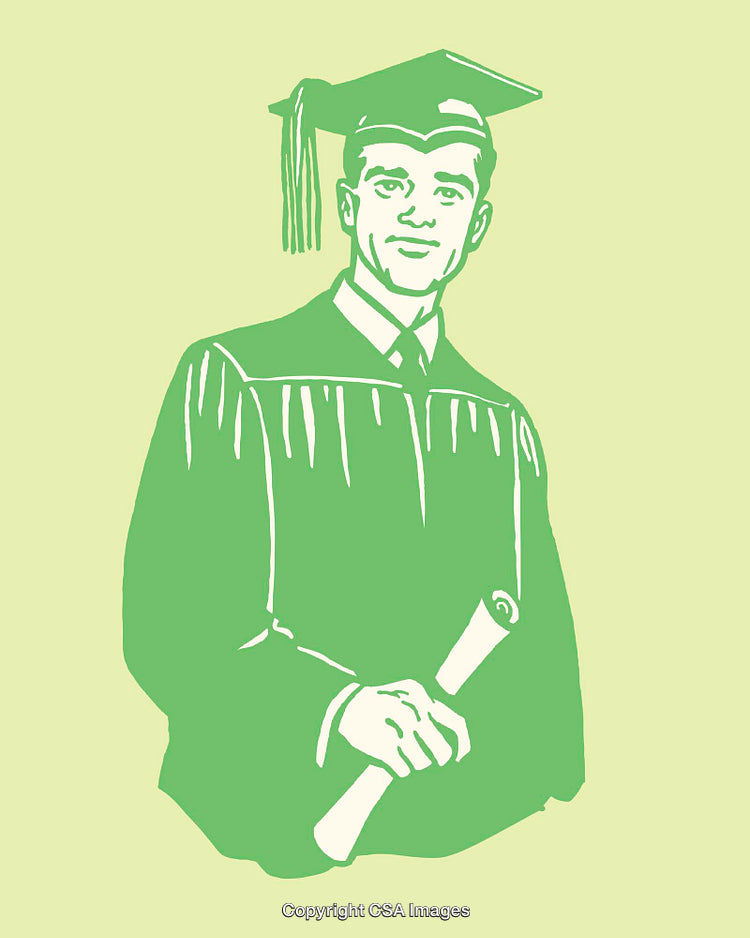 Green Line Art Illustration of Graduate in Cap and Gown Holding Diploma