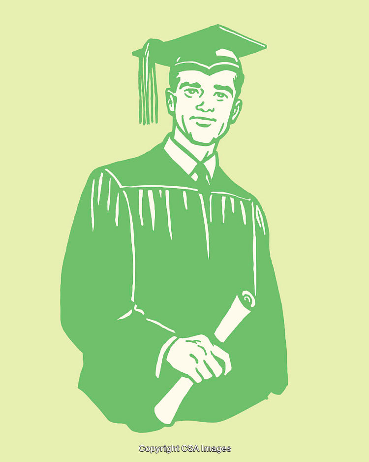 Green Line Art Illustration of Graduate in Cap and Gown Holding Diploma
