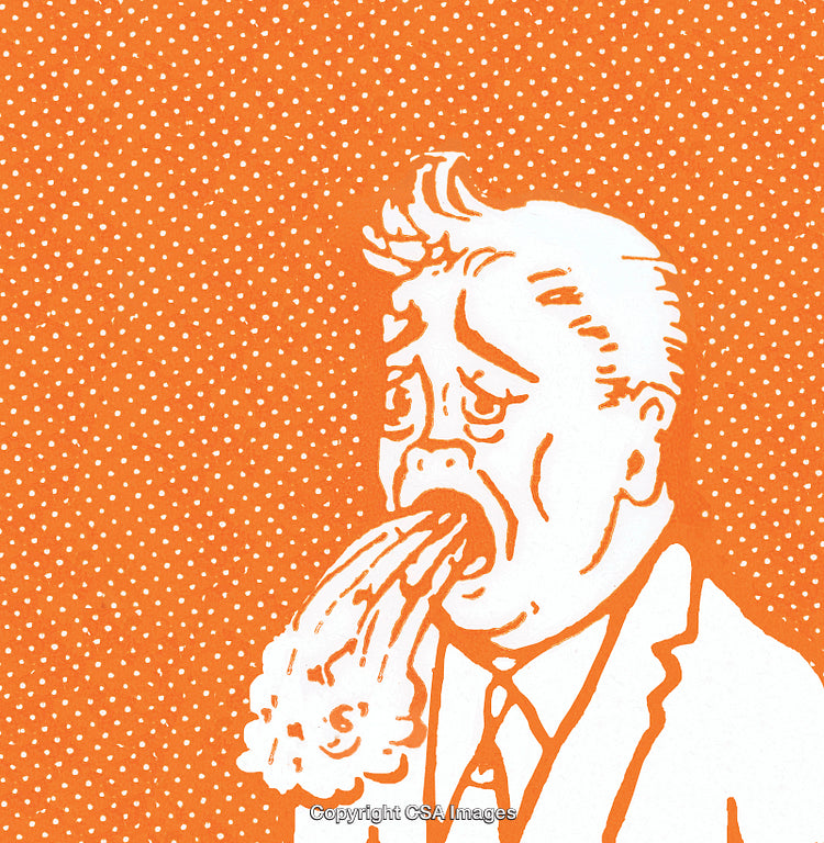 Retro Comic Illustration of a Sick Man on Orange Background