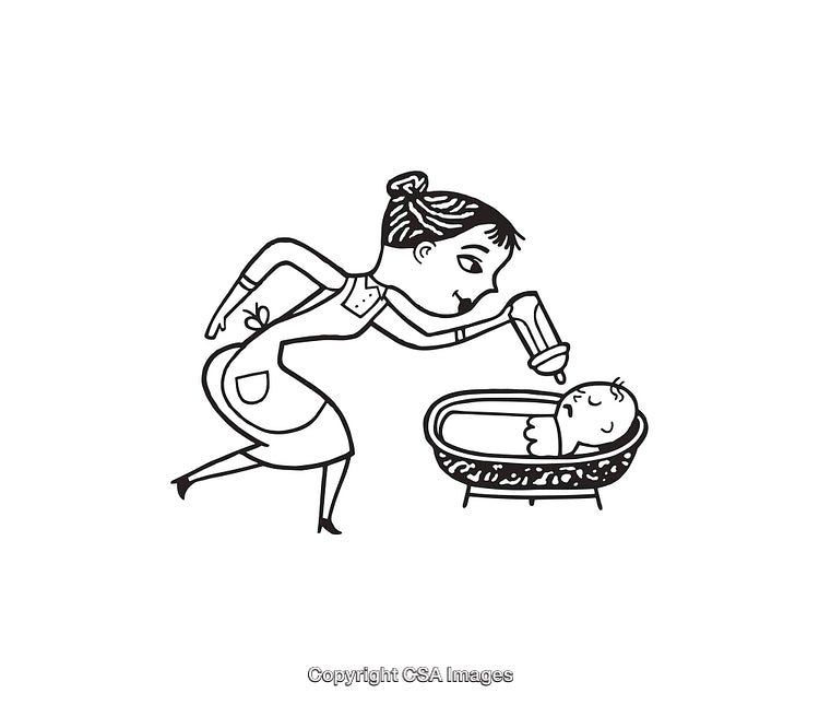 Woman Feeding Baby from a Bottle in Cradle Line Art Illustration
