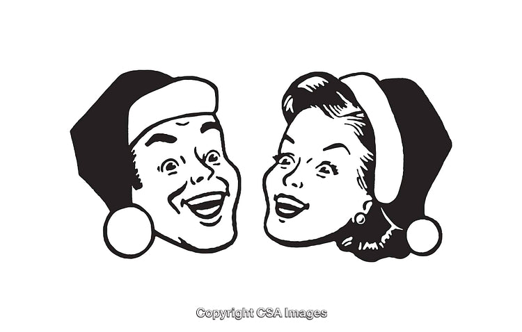 Retro Black and White Christmas Illustration of Smiling Characters in Santa Hats