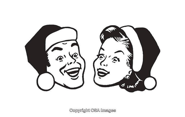 Retro Black and White Christmas Illustration of Smiling Characters in Santa Hats