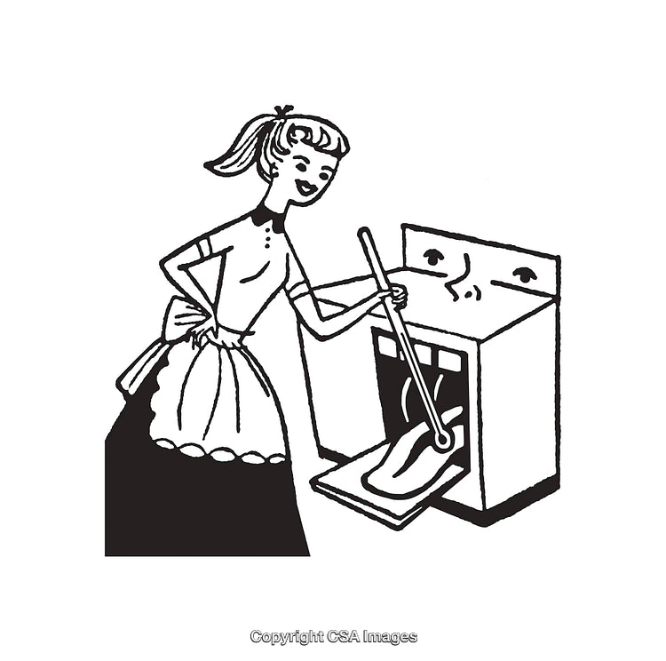 Humorous Retro Illustration of Housework with Anthropomorphic Appliances
