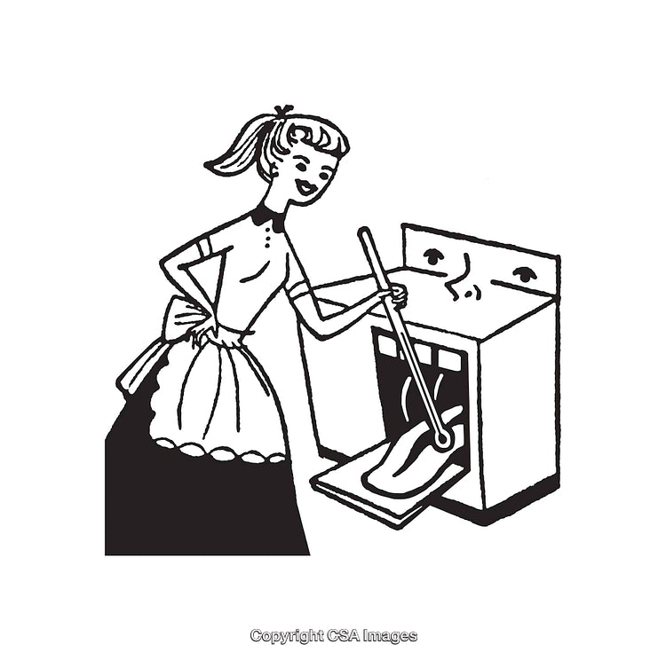 Humorous Retro Illustration of Housework with Anthropomorphic Appliances
