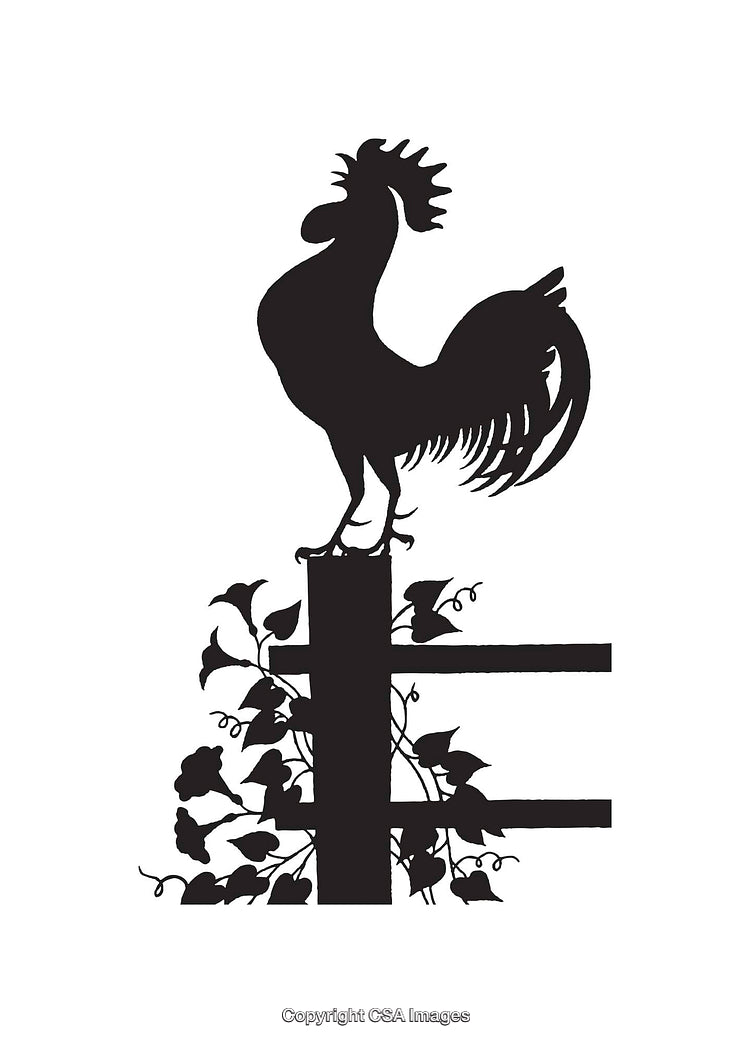 Black Silhouette of Rooster on Fence with Ivy Accents