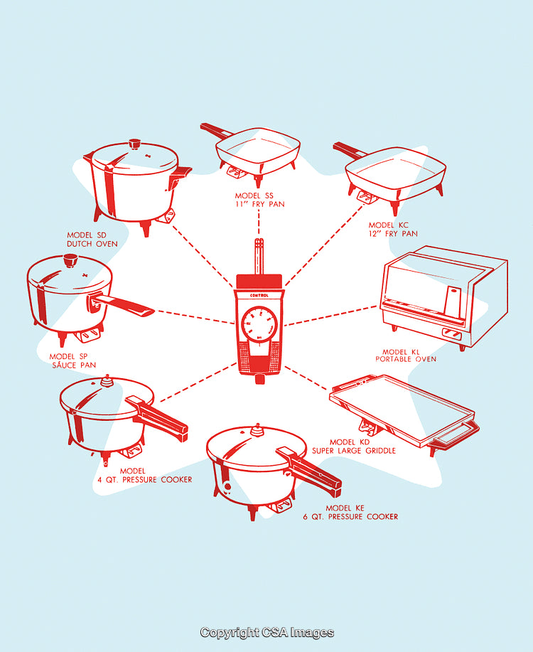 Illustration Showcasing Various Models of Cooking Appliances in Red and Blue Art Style