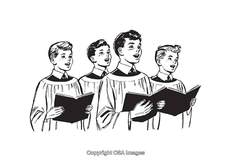 Group Of Choir Boys Singing Hymns in Black and White Illustration