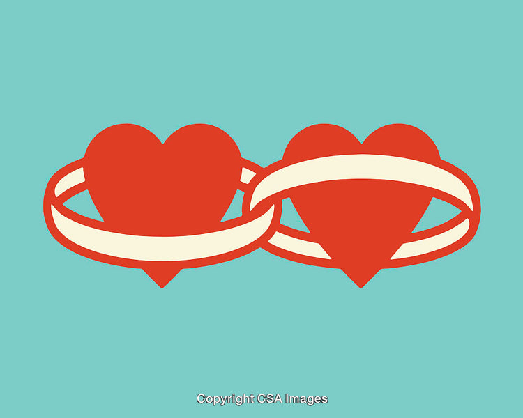 Two Intertwined Hearts with Rings on a Blue Background