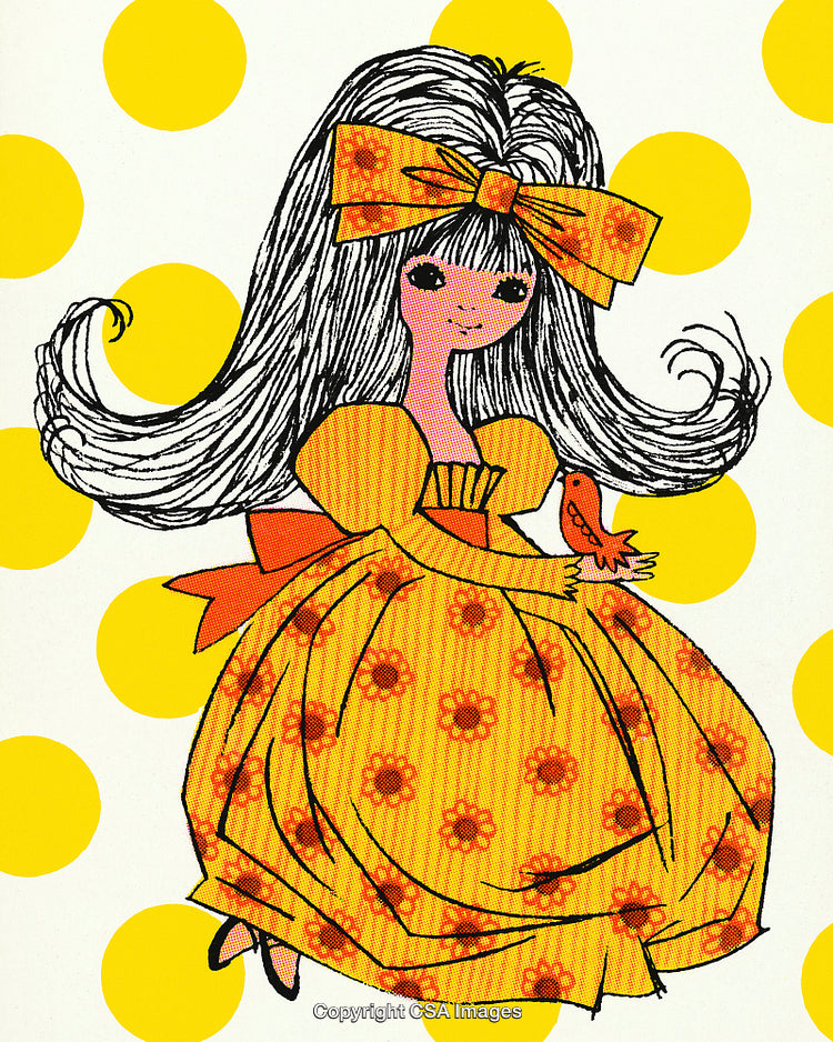Vintage Illustration of a Girl in Yellow Dress with Orange Ribbon and Bird