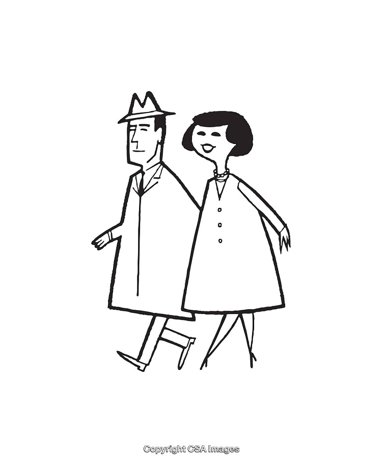 Black and White Line Art Illustration of a Smiling Couple Walking Together
