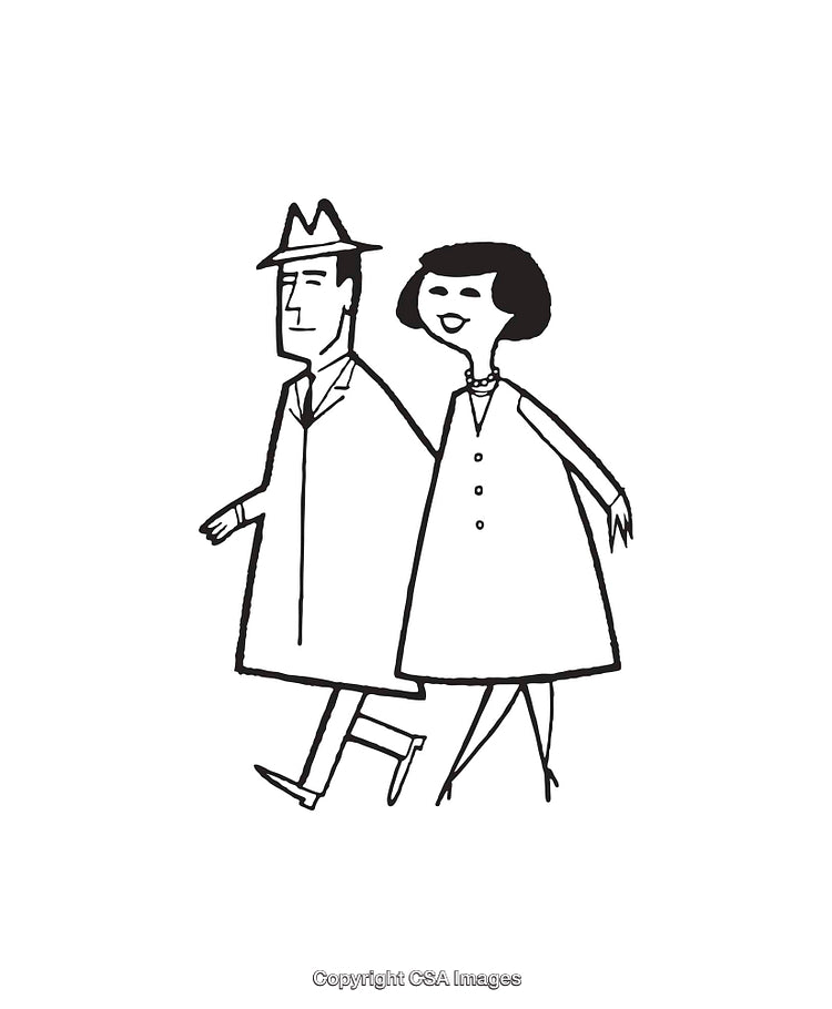 Black and White Line Art Illustration of a Smiling Couple Walking Together