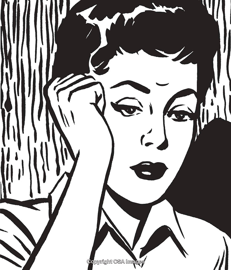 Retro Black and White Illustration of a Thoughtful Woman in Vintage Style