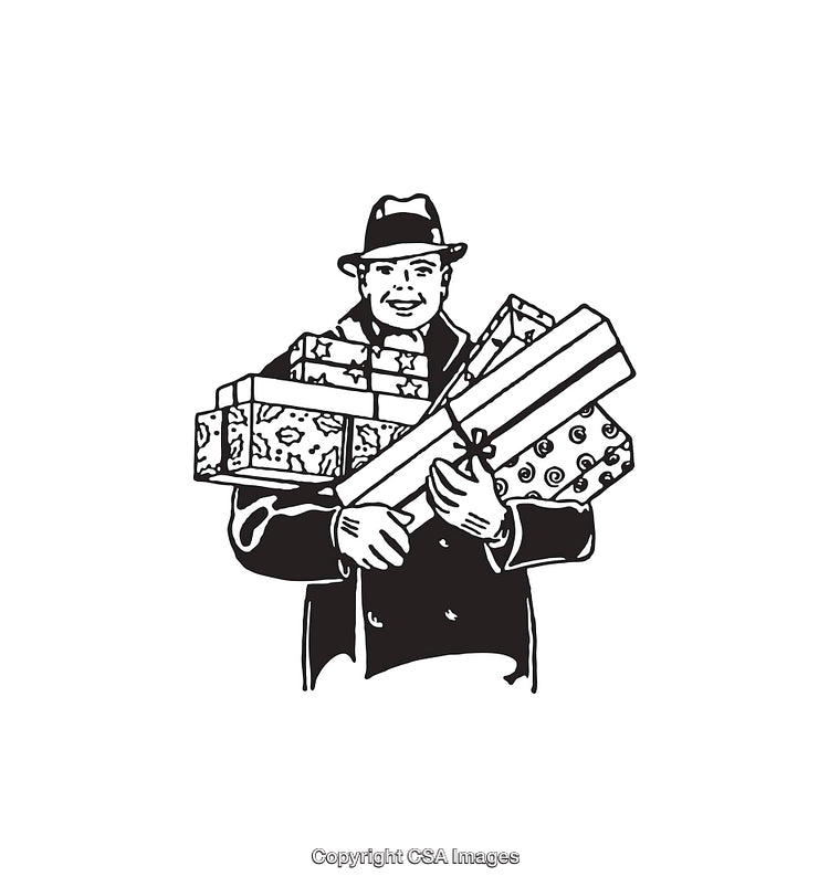 Vintage Line Art Illustration of a Man Holding Holiday Presents