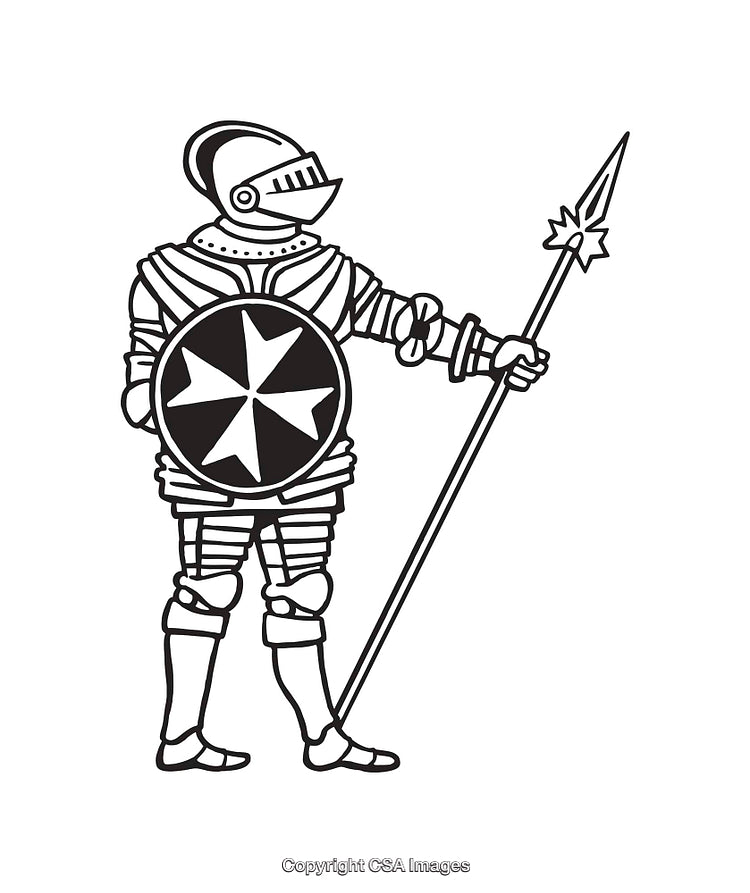 Black and White Line Art of a Medieval Knight with Shield and Spear