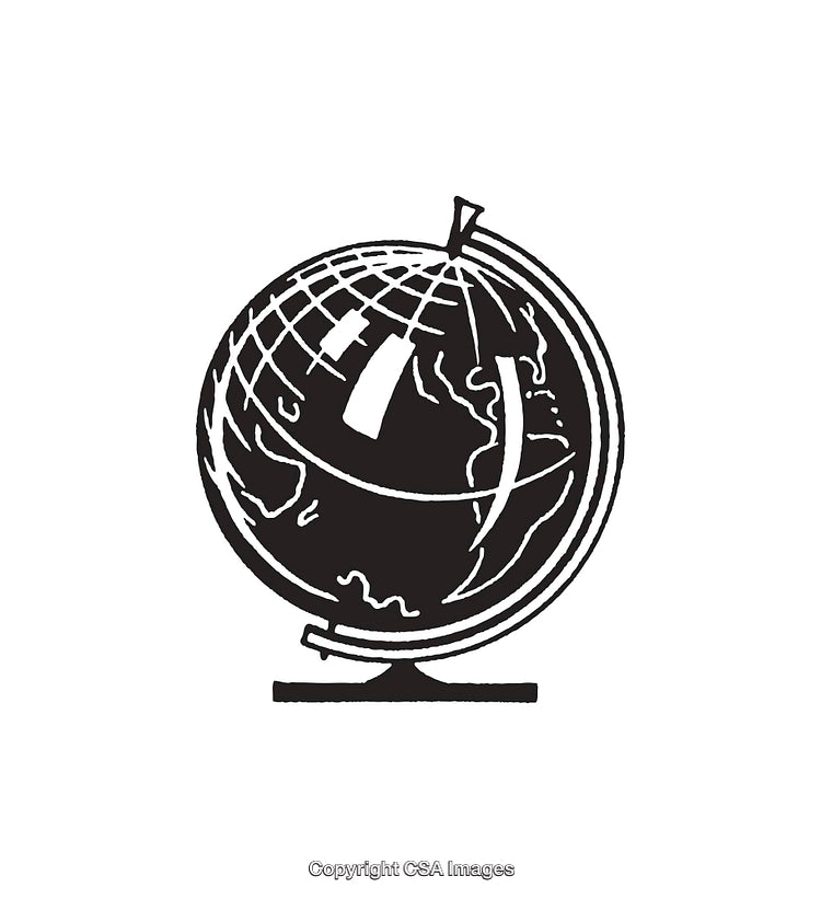 Black and White Illustration of a Globe with Geographical Details