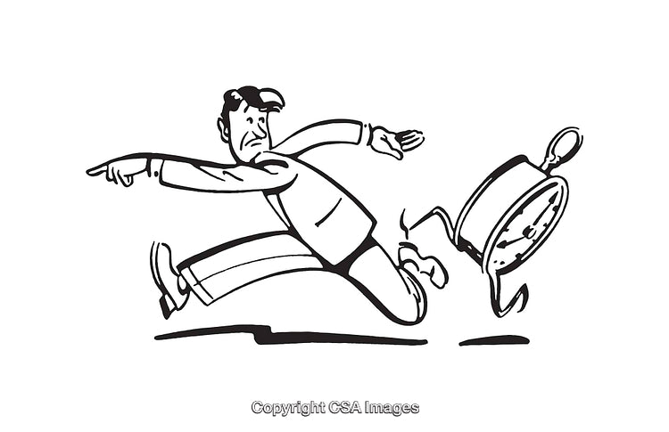 Cartoon Illustration of Man Running Away From a Clock