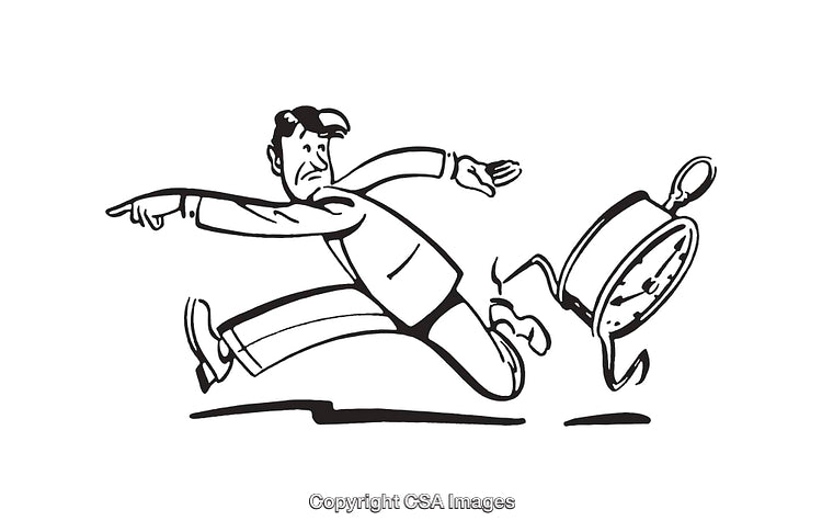 Cartoon Illustration of Man Running Away From a Clock