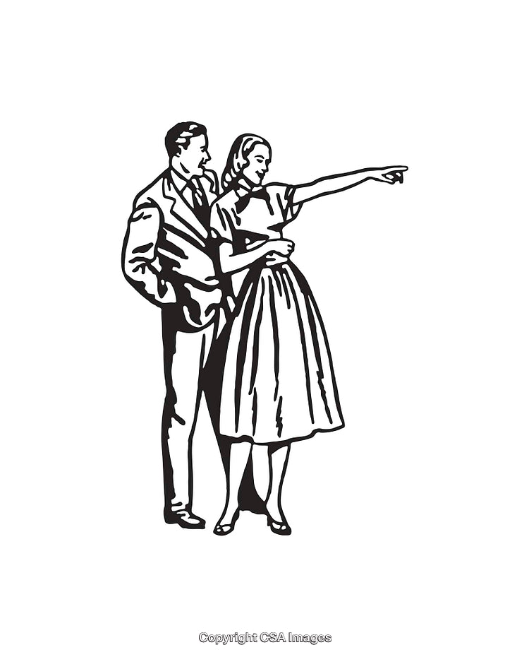 Retro Line Art of a Couple Observing and Pointing Ahead