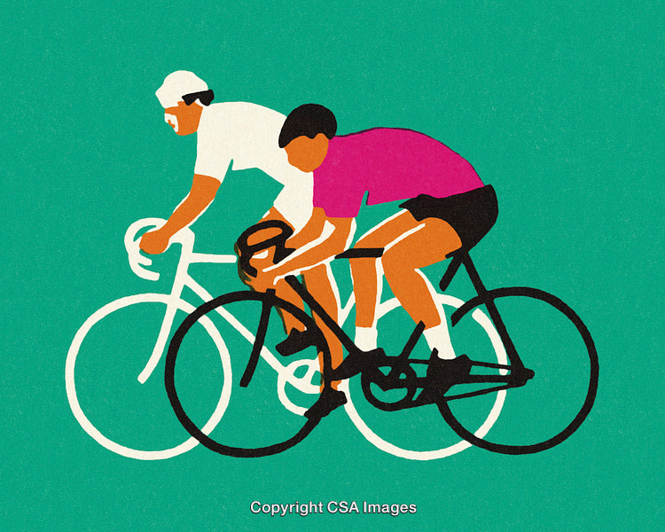 Two Cyclists Engaging in Racing on Vibrant Green Minimalist Background