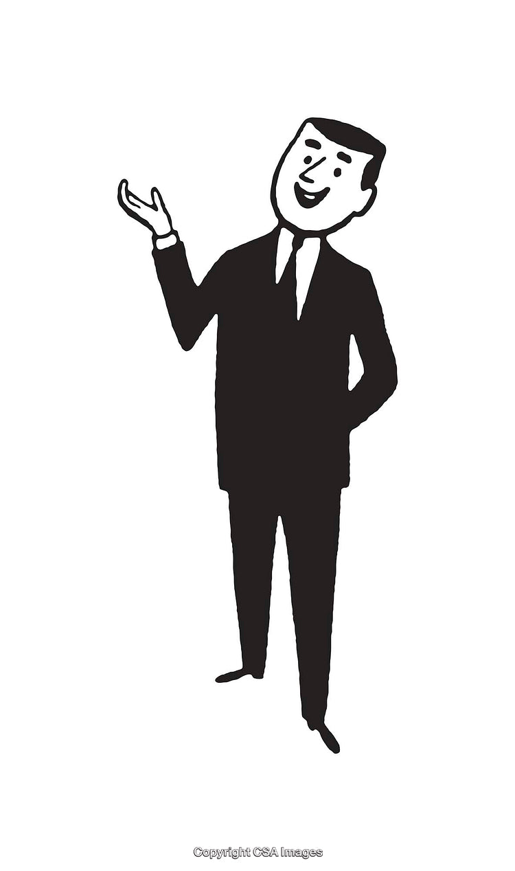 Retro Style Cartoon Businessman in Formal Attire Gesturing Happily