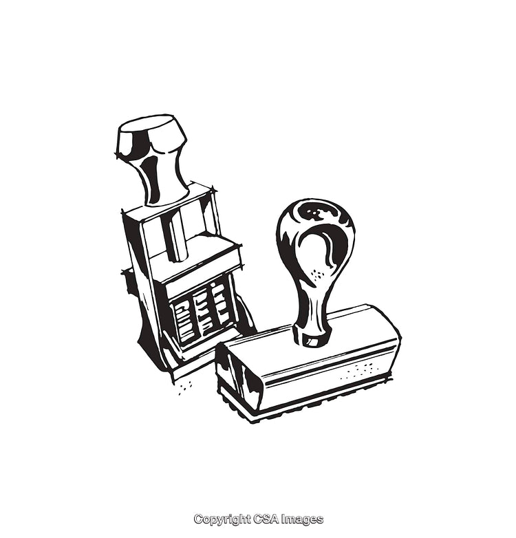 Pair of Black and White Stamp Illustrations in Vintage Line Art Style