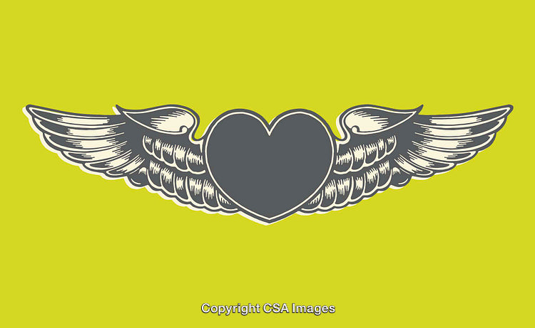 Heart with Wings Symbol on Vibrant Lime Background in Line Art Style