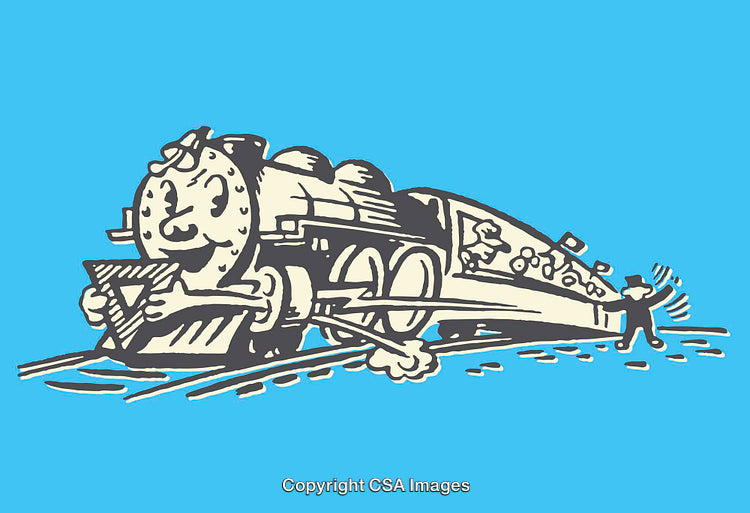 Vintage Cartoon Train With Cheerful Face and Conductor Scene