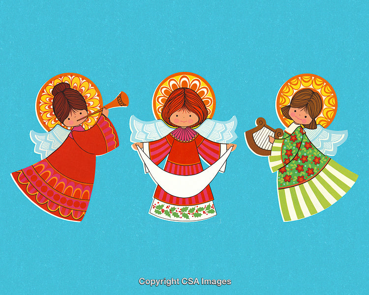 Adorable Angel Illustrations Featuring Festive Themes and Bright Colors on Blue Background