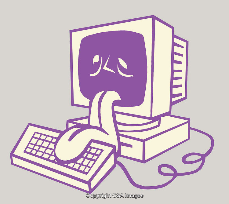 Humorous Illustration of Overworked Computer with Distressed Expression and Keyboard