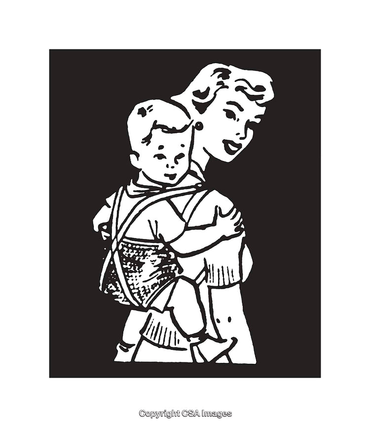 Vintage Black and White Illustration of a Mother Holding a Baby