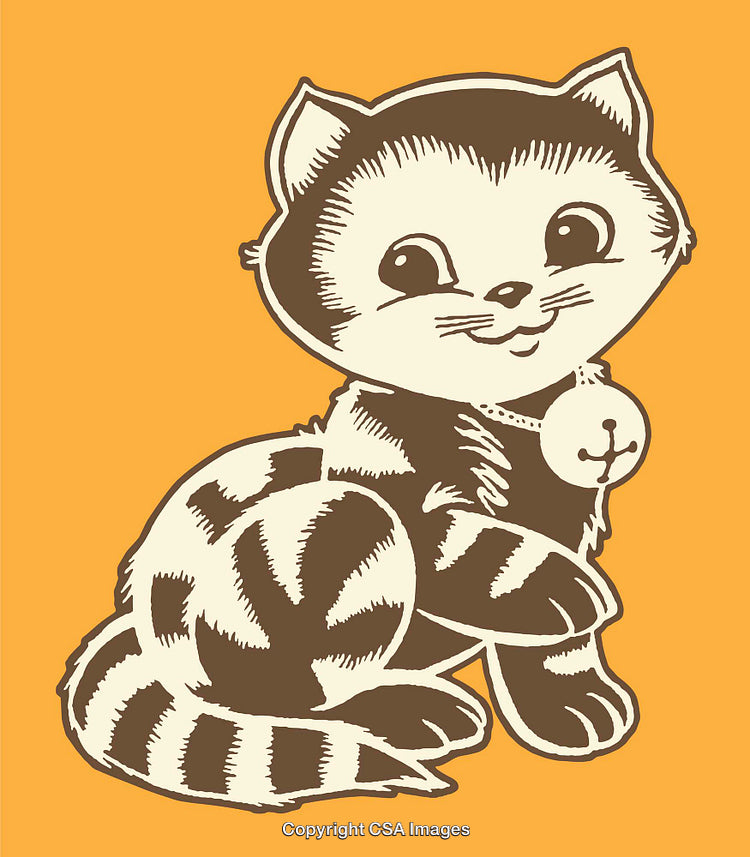 Vintage Illustration of a Playful Tabby Cat on an Orange Background