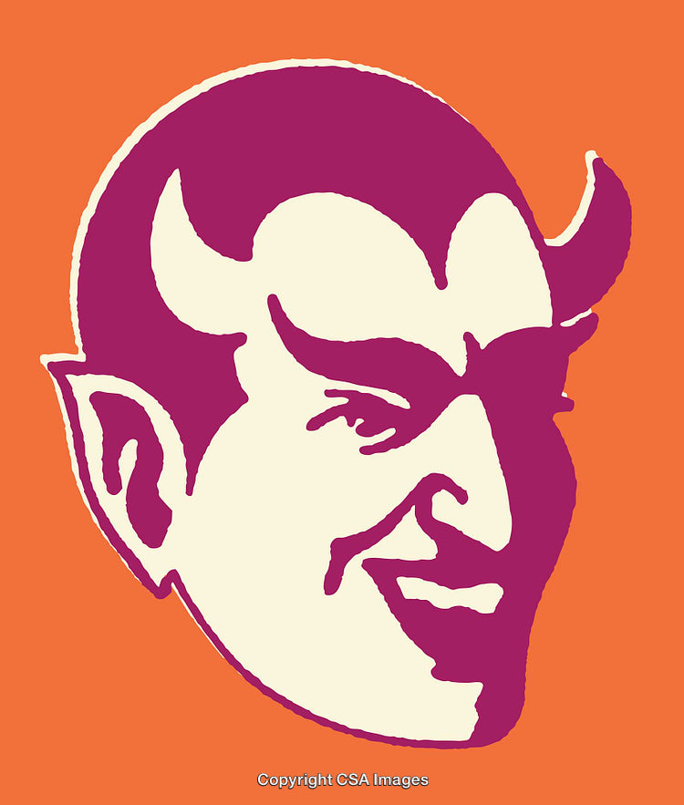 Colorful Line Art Illustration of a Smiling Devil on Orange Background