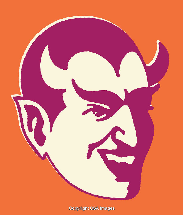Colorful Line Art Illustration of a Smiling Devil on Orange Background