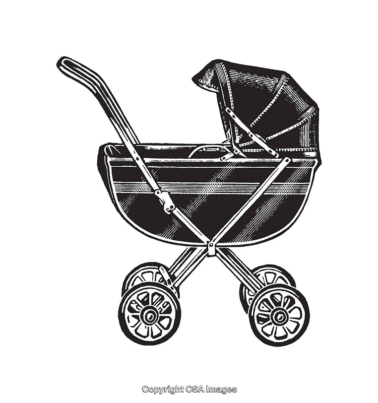 Detailed Black and White Line Art of a Vintage Baby Carriage Stroller