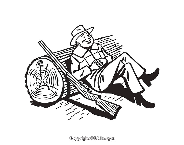 Black and White Illustration of a Relaxed Man by a Log and Rifle