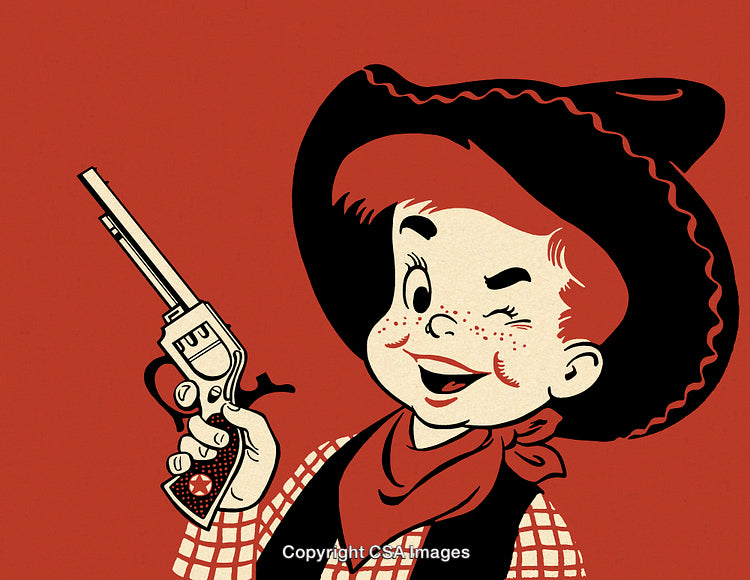 Vintage-Style Illustration of a Happy Western Boy Holding a Toy Pistol