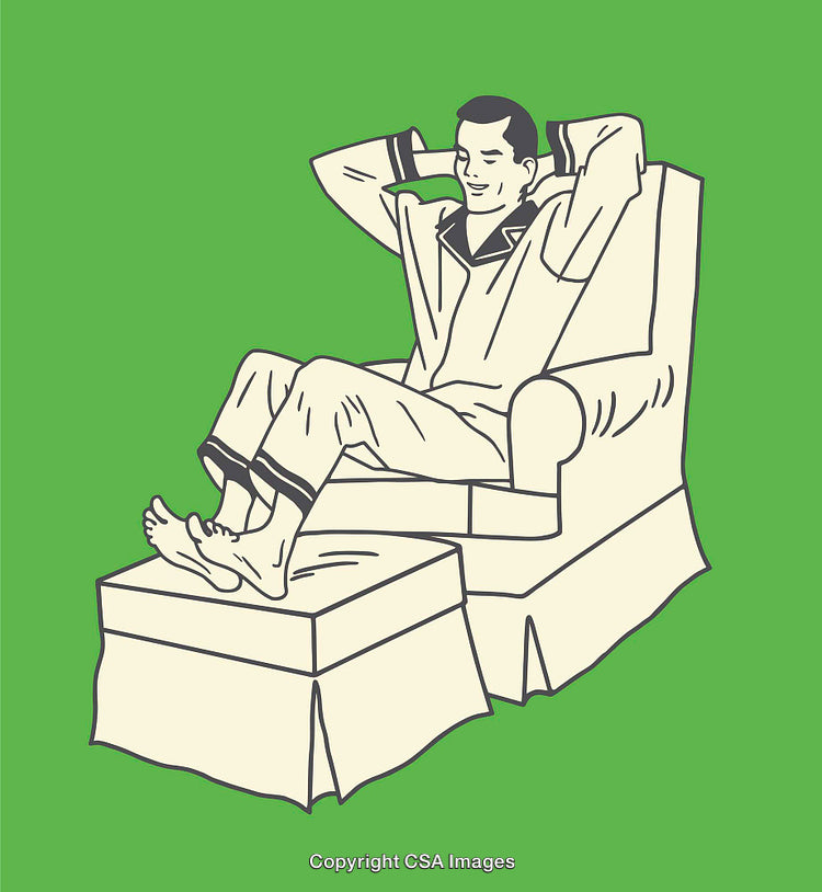 Man Relaxing in a Chair Wearing Pajamas, Illustrated Line Art with Green Background